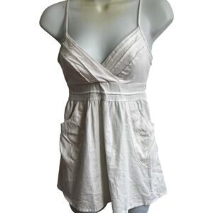 Y2K 2000s White Linen Top | XS | Pockets, Empire Waist, Tie Back, V-neck by 579